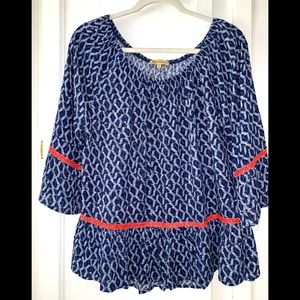 SOLD on WN 2026 Democracy Navy and white with Bright salmon knit accent tunic